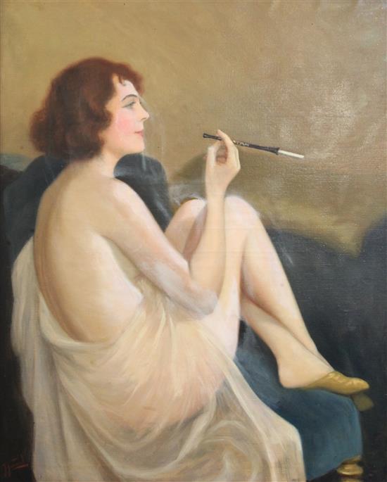 Jean Jannel (1894-) Nude smoking a cigarette 32 x 26in.
